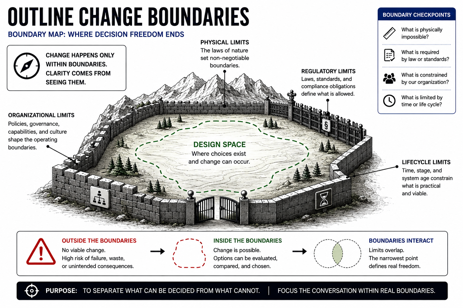 Figure 11-1. Outline Change Boundaries. Physical, regulatory, organizational, and lifecycle limits define where decision freedom ends and where viable change remains possible.